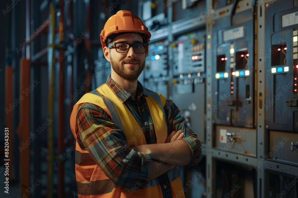 Happy man and engineer in control room. Electrician crossing his arms in electrical substation, industrial mechanic or inspection service. Happy man and engineer in control room. Electrician crossing his arms in electrical substation, industrial mechanic or inspection service.