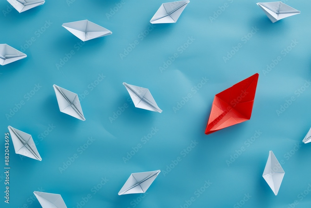 Group of white ships pointing one way and one red ship pointing the opposite way on a blue background. Concept for innovative solutions. Group of white ships pointing one way and one red ship pointing the opposite way on a blue background. Concept for innovative solutions.