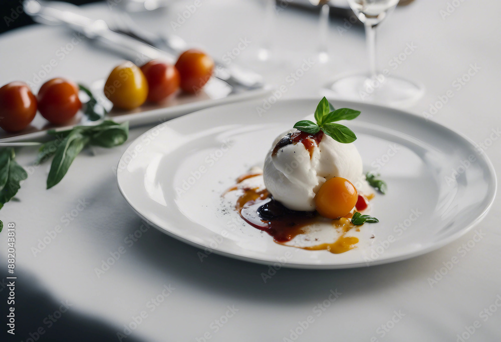 Burrata with heirloom tomatoes and aged balsamic on a pristine white plate with a glass of Prosecco in a luxury Italian eatery
Burrata with heirloom tomatoes and aged balsamic on a pristine white plate with a glass of Prosecco in a luxury Italian eatery