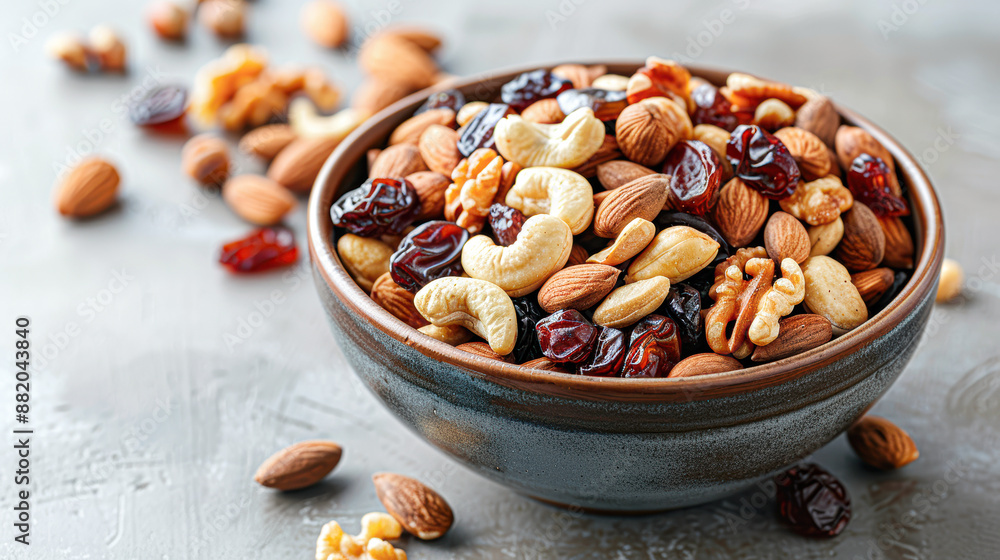 A bowl of mixed nuts and raisins on a table A bowl of mixed nuts and raisins on a table