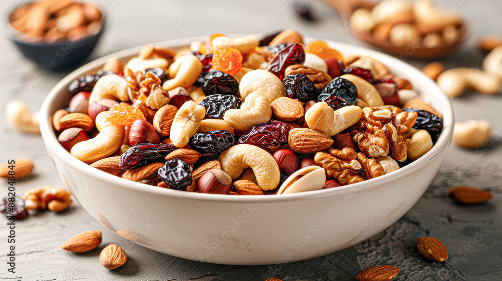 A bowl of mixed nuts and dried fruit A bowl of mixed nuts and dried fruit