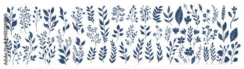 Floral Vector Set, Botanical Illustration. Isolated Vector Blue Outline Leaves and Flowers with Grunge Texture, Symbolizing Nature, and Design Elements for Creative Projects