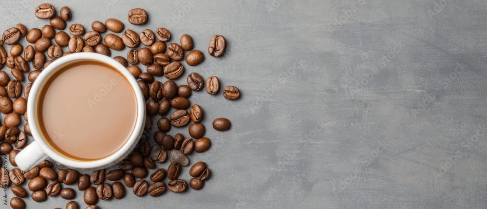 Cup of coffee surrounded by coffee beans on a gray background, perfect for a cozy morning or cafe theme. Cup of coffee surrounded by coffee beans on a gray background, perfect for a cozy morning or cafe theme.