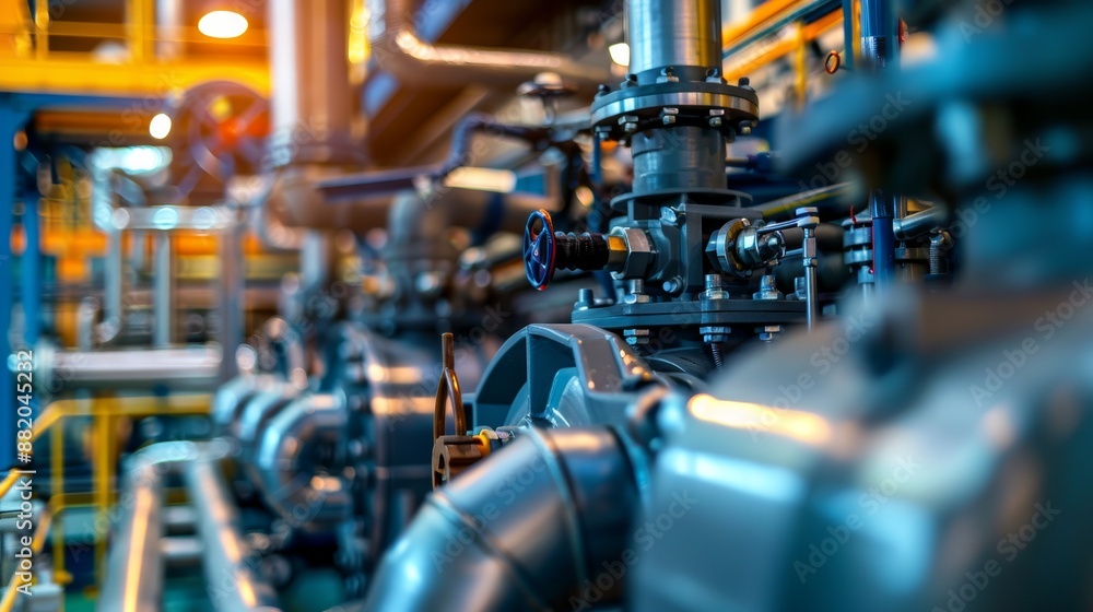 A close-up of an energy-efficient technology installed in a factory in response to government mandates to reduce carbon emissions. A close-up of an energy-efficient technology installed in a factory in response to government mandates to reduce carbon emissions.