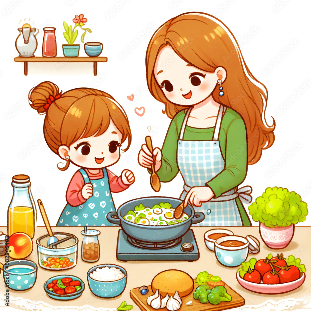 Mom daughter cooking making dinner kitchen together teaching learning cartoon drawing white background Mom daughter cooking making dinner kitchen together teaching learning cartoon drawing white background