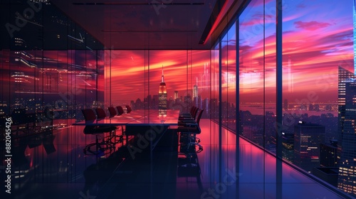 Sunset and a city skyline can be seen from this spacious room