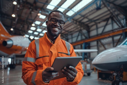 This image shows a smiling factory engineer looking at a tablet while working at an industrial building from a low angle.