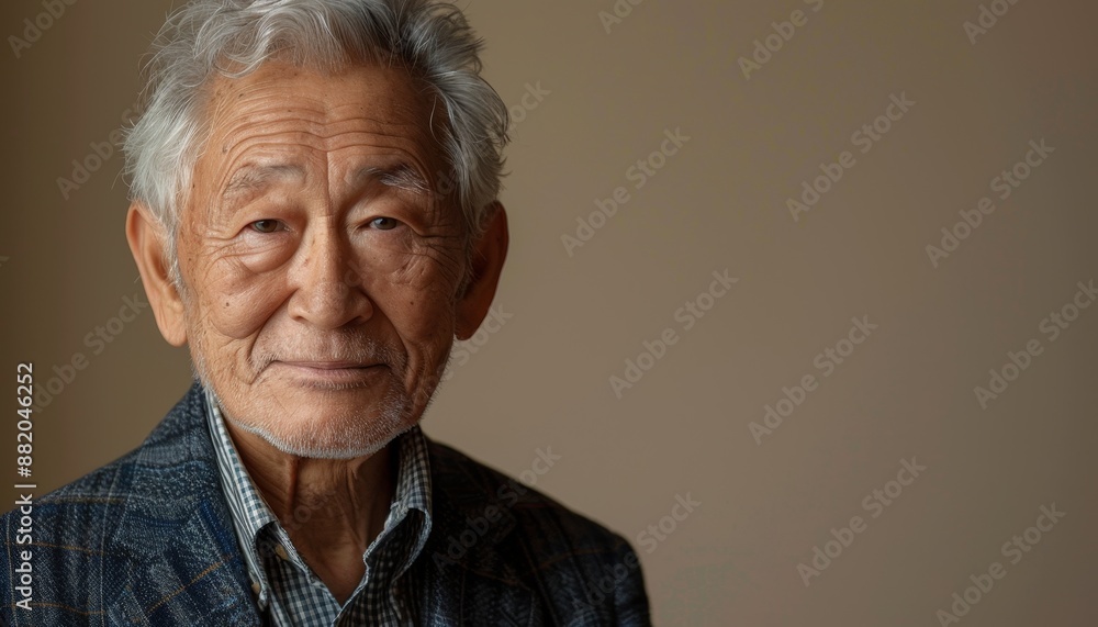 portrait of elderly 60 year old gray-haired Asian man on beige background, senior male portrait, copy space portrait of elderly 60 year old gray-haired Asian man on beige background, senior male portrait, copy space