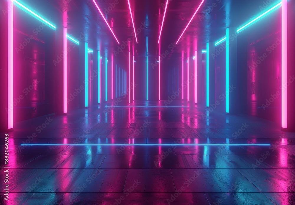 A 3D rendering of an ultraviolet neon abstract background with glowing vertical lines, ultraviolet light, a laser show performance stage, stairs with reflections A 3D rendering of an ultraviolet neon abstract background with glowing vertical lines, ultraviolet light, a laser show performance stage, stairs with reflections