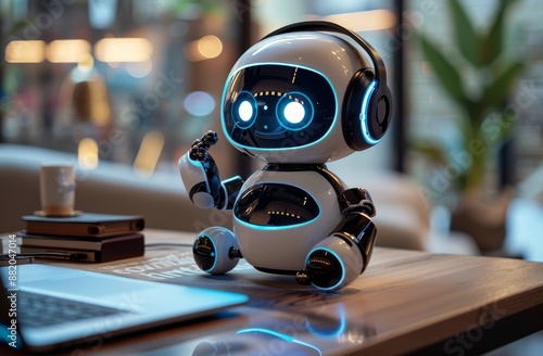 White Robot Using Laptop At Desk