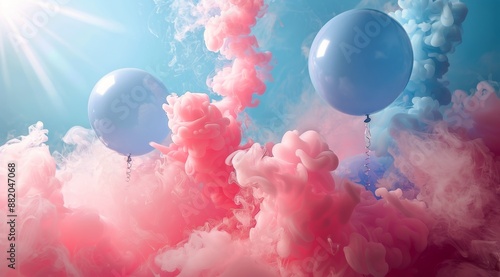 Pink And Blue Balloons Floating In Pink And Blue Smoke