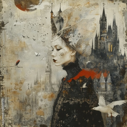 An abstract depiction of a woman wearing an elaborate hat standing in front of a gothic castle, engulfed by mystical elements and birds, representing fantasy and surreal beauty. photo