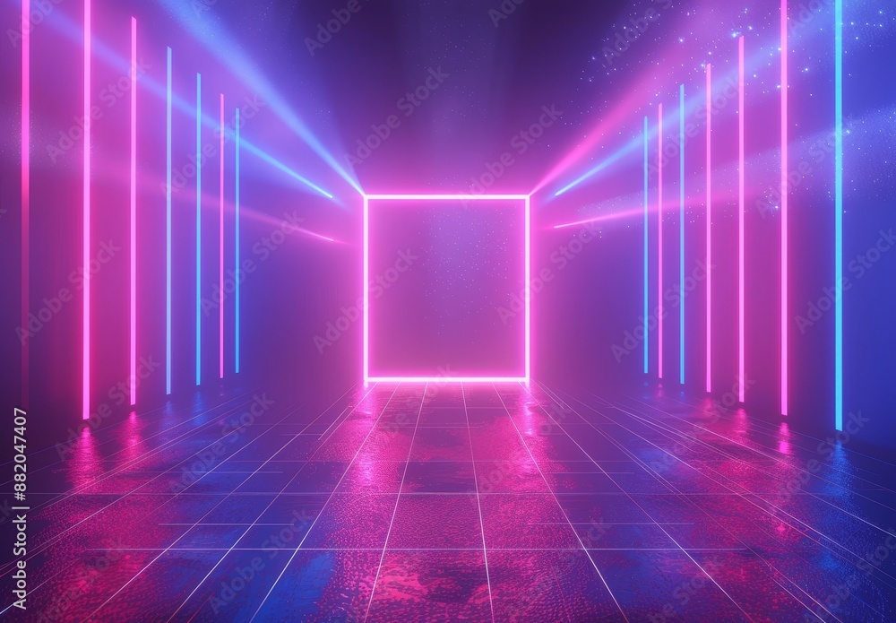 In 3D, pink blue neon abstract background with glowing rhombus shape, ultraviolet light, laser show stage, wall reflection, rectangular blank frame In 3D, pink blue neon abstract background with glowing rhombus shape, ultraviolet light, laser show stage, wall reflection, rectangular blank frame