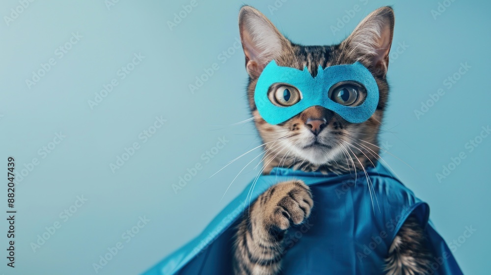 Fototapeta premium Close-up of a cat dressed as a superhero for HALLOWEEN, striking a heroic pose with a tiny cape and mask, wearing a tiny blue costume, standing in front of a light blue background, Portrait close-up,
