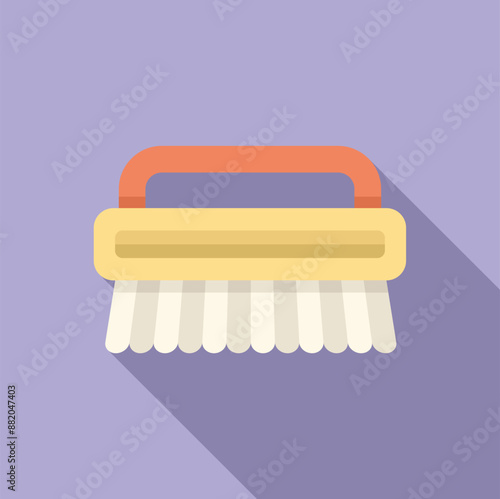 Cleaning brush with plastic handle and white bristles lying on a purple background casting a shadow