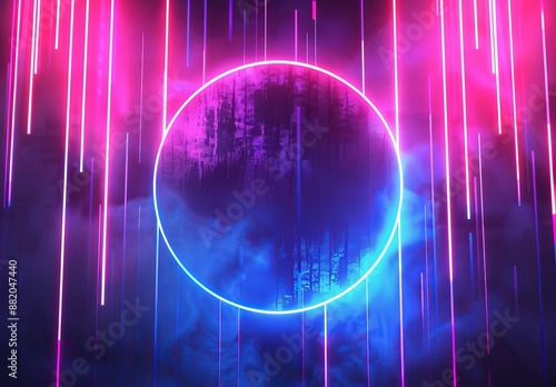 Wallpaper Mural Animated 3D render with pink blue neon abstract background with glowing ring, laser light, wall reflection, circular shape. Torontodigital.ca
