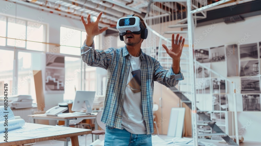 In AR mock-up concept, an engineer in virtual reality wears a VR headset and uses gestures to interact with augmented reality while designing industrial engine models in modern facilities. In AR mock-up concept, an engineer in virtual reality wears a VR headset and uses gestures to interact with augmented reality while designing industrial engine models in modern facilities.