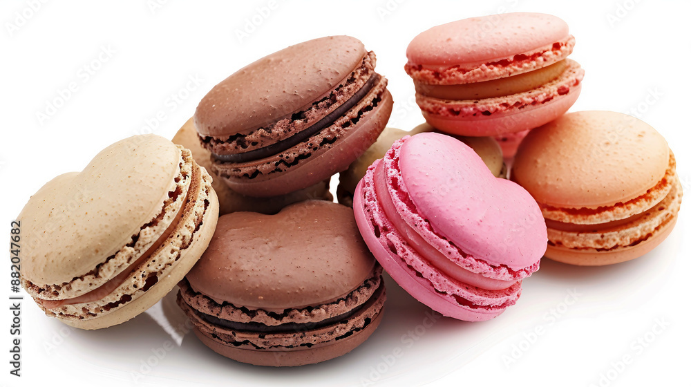 Heart Shaped Sweet Macarons on White Background - Delicious French Pastry for Romantic Celebrations and Gourmet Treats, Perfect for Valentine's Day Gifts and Dessert Tables. Heart Shaped Sweet Macarons on White Background - Delicious French Pastry for Romantic Celebrations and Gourmet Treats, Perfect for Valentine's Day Gifts and Dessert Tables.