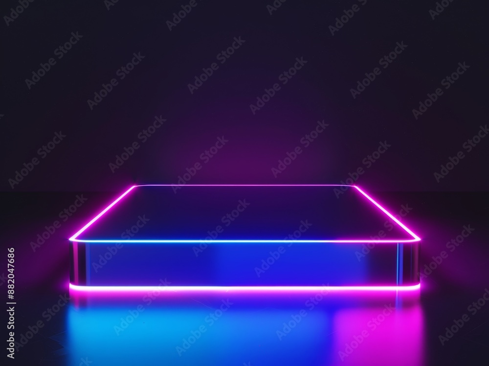 The 3D abstract neon square portal and steps are isolated on black background. They are surrounded by ultraviolet spectrum, glowing pink blue light, and geometric symbols derived from the esoteric The 3D abstract neon square portal and steps are isolated on black background. They are surrounded by ultraviolet spectrum, glowing pink blue light, and geometric symbols derived from the esoteric