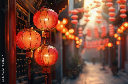 Red Chinese Lanterns Hanging in a Row During Sunset