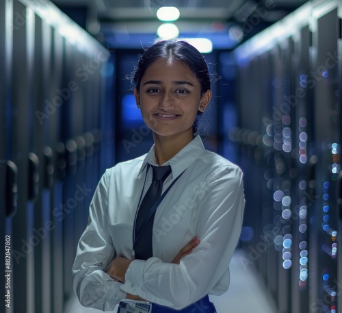 Smiling Woman Standing in Server Room Aisle
