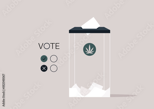 A ballot box with a cannabis leaf symbol on the side, illustrating a vote on marijuana legalization