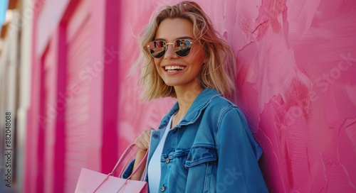 Happy Woman Shopping In Front of Pink Wall