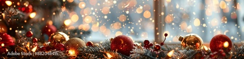 Festive Christmas Ornaments With Snowfall and Twinkling Lights