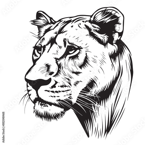 Lioness portrait hand drawn sketch illustration, Wild animals