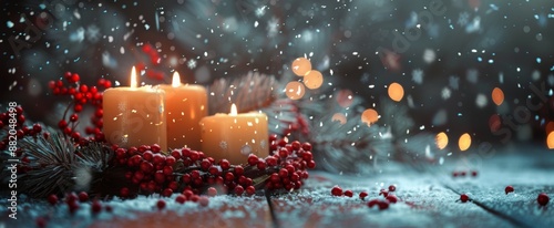 Burning Candles In A Snowy Winter Wreath