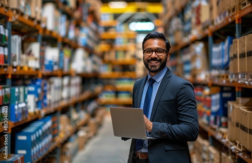 Smiling Warehouse Manager in a Busy Distribution Center