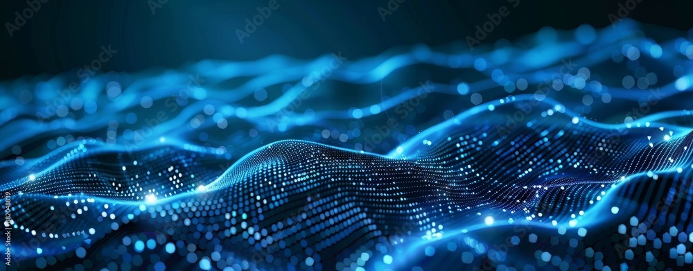 A wave of dots and weave lines on an abstract blue background for a design about cyberspace, big data, metaverse, network security, data transfer, and cyberwar.