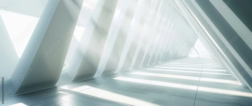 Obraz premium The scene is an empty long light corridor with a modern white background. A futuristic sci-fi triangle tunnel is shown in 3D.