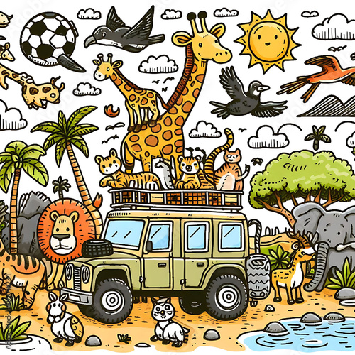 Doodle art cartoon of a safari adventure with wild animals and safari jeep photo