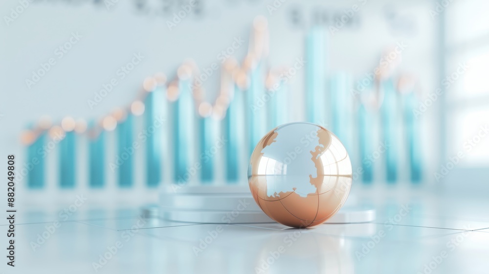 A globe is sitting on a pedestal in front of a wall of graphs A globe is sitting on a pedestal in front of a wall of graphs