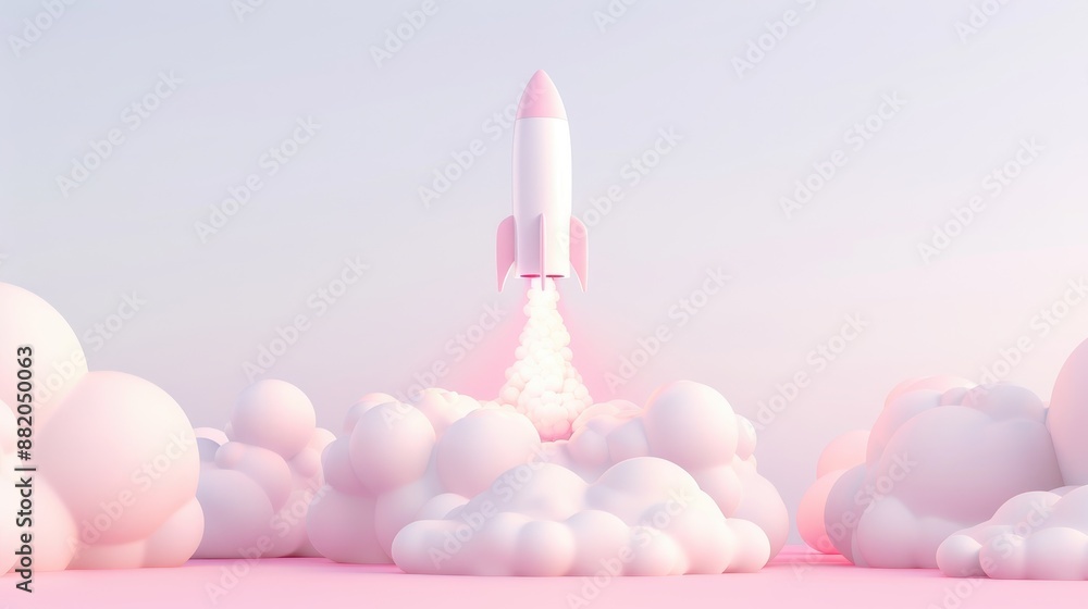 A pink rocket is flying through a cloud of white clouds A pink rocket is flying through a cloud of white clouds