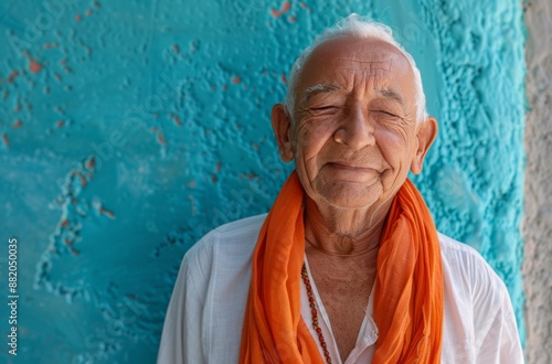 Portrait of a Smiling Elderly Man Wearing an Orange Scarf Against a Blue Wall
