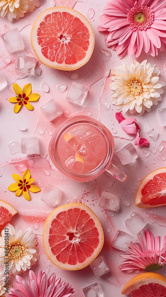 Top view of glass of refreshing lemonade with ice cubes and grapefruit slices. Concept of summer holiday, vacation and happy life. High quality photo Top view of glass of refreshing lemonade with ice cubes and grapefruit slices. Concept of summer holiday, vacation and happy life. High quality photo