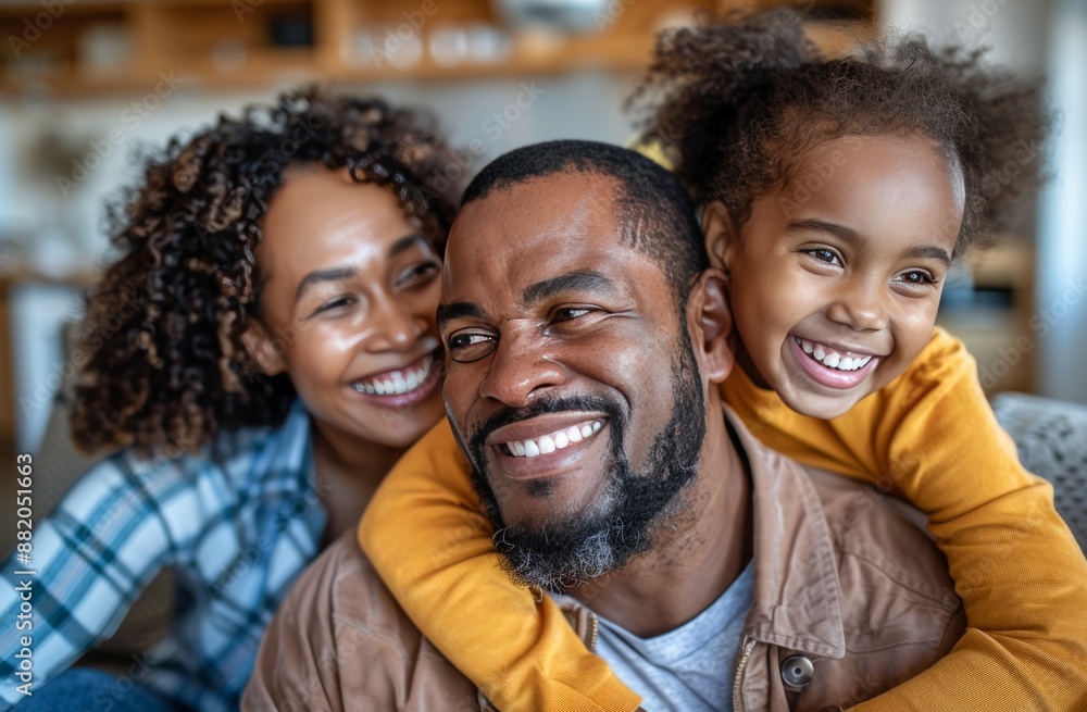 Happy Family Portrait With Father and Two Daughters Inside a Cafe Happy Family Portrait With Father and Two Daughters Inside a Cafe