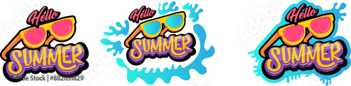 Hello summer vector logo set with text and vintage retro yellow sunglasses isolated on transparent. Hello summer label, icon, print, banner design template collection with sunglasses and splash