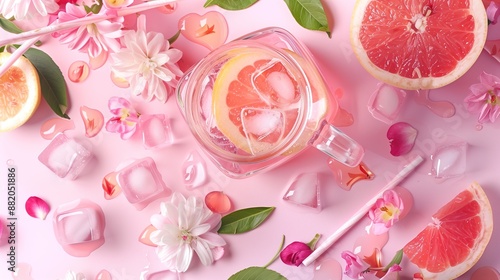 Top view of glass of refreshing lemonade with ice cubes and grapefruit slices. Concept of summer holiday, vacation and happy life. High quality photo photo