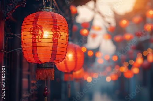 Red Chinese Lanterns Hanging in a Row During Sunset