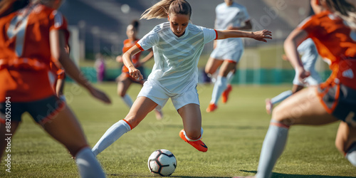 A female soccer player dribbling the ball past opponents on an outdoor field.