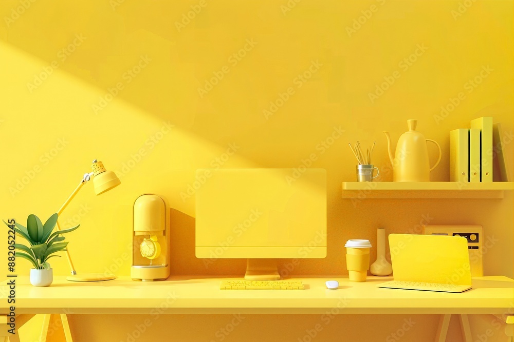 Home office in yellow and pink tones. Minimalistic interior of a teenager's room in bright colors. A workplace with a computer, shelves, and books. A girl's room on the college campus. Home office in yellow and pink tones. Minimalistic interior of a teenager's room in bright colors. A workplace with a computer, shelves, and books. A girl's room on the college campus.
