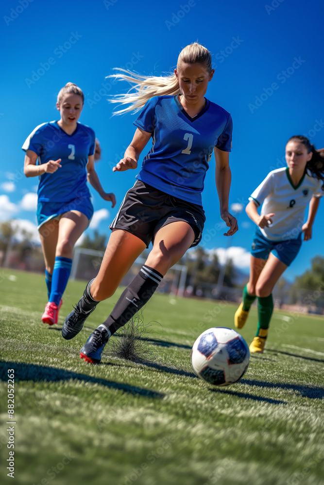 A female soccer player dribbling the ball past opponents on an outdoor field in sunny day. A female soccer player dribbling the ball past opponents on an outdoor field in sunny day.