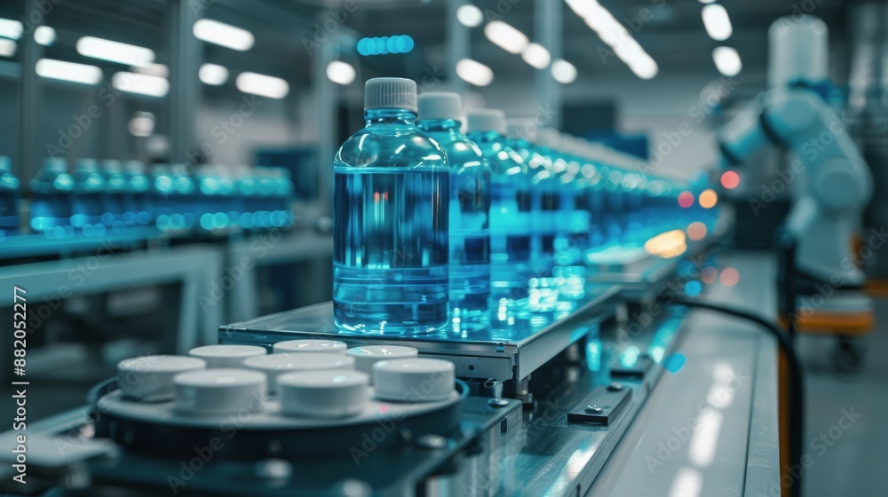 Blue Liquid Bottles Moving on Conveyor Belt in Modern Factory Blue Liquid Bottles Moving on Conveyor Belt in Modern Factory