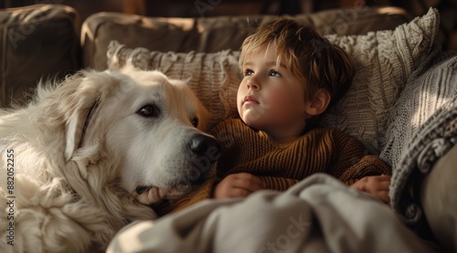 Young Boy and His White Dog Napping on a Couch