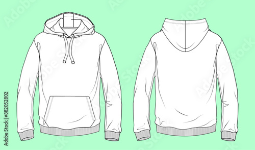 mens terry fleece long sleeve black and white outline hoodie fashion illustration flat sketch vector.