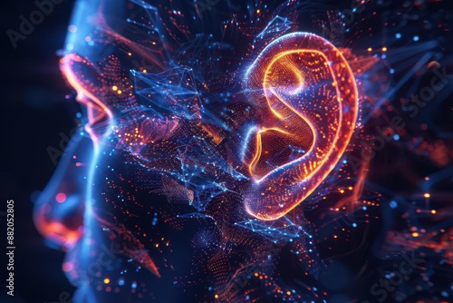 Ear anatomy with glowing neon structures and digital auditory pathways, futuristic technology concept, detailed anatomical illustration