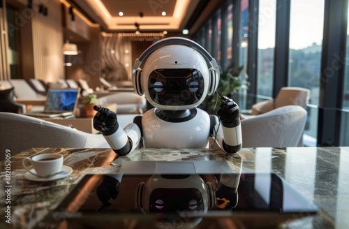 White Robot Waving at a Cafe Table With a Laptop